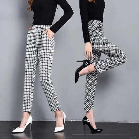 Spring and Summer Plaid Pants Korean Casual Pants Trousers Feet Harem Pants Women Are Thin Straight Loose Large Size Thin Section