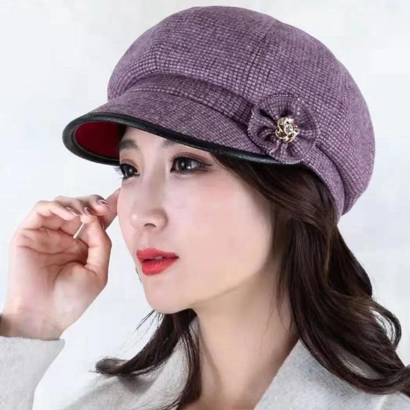 Women's Octagonal Beret Hat Wool Blend Plaid Flower Diamond Hat Autumn and Winter Mother Hat Middle-aged Elderly Baker Hat