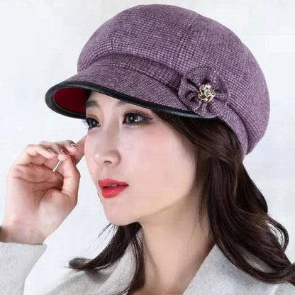 Women's Octagonal Beret Hat Wool Blend Plaid Flower Diamond Hat Autumn and Winter Mother Hat Middle-aged Elderly Baker Hat