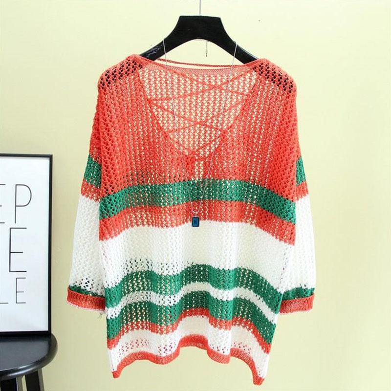Loose Ice Silk Sunscreen Tops Thin Hollow Knitted Blouses Women's Casual Tops Personality Hollow Color Matching Sweet Pullovers