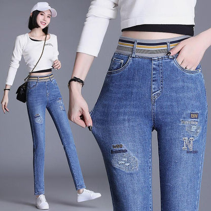 High-end Jeans Women's Spring Light Color Elastic Waist High Waist Elastic Foreign Style All-match Pencil Pants with Small Feet