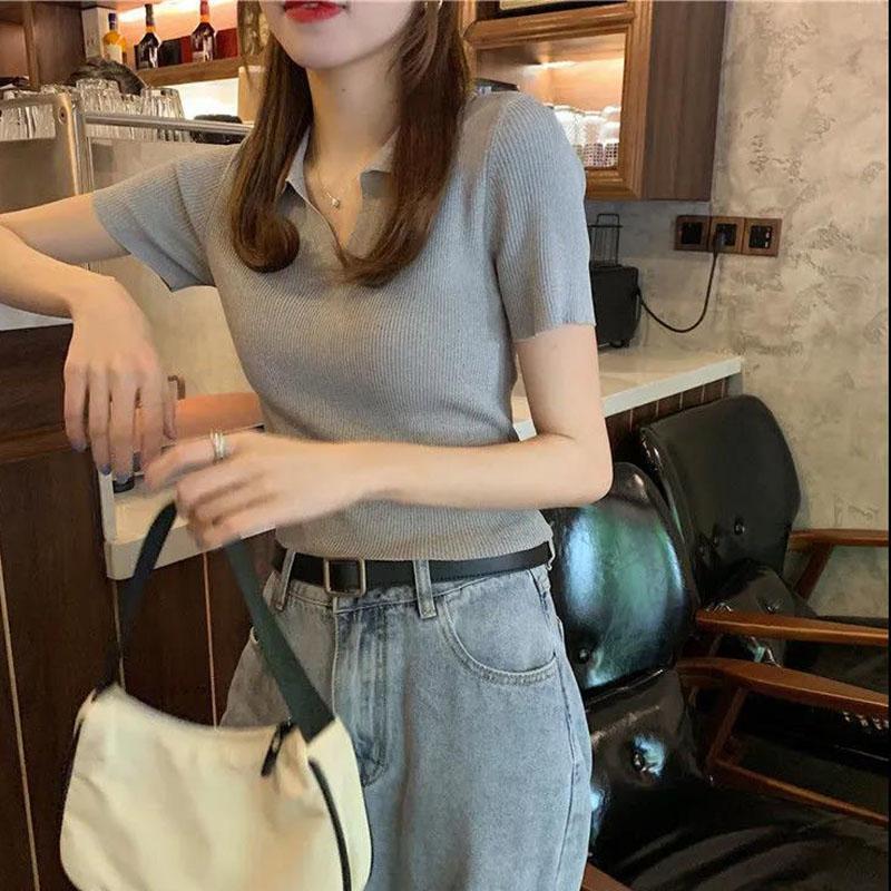 Summer Women Solid V Neck T-Shirt Casual Short Sleeve Knitted Polo Tee Tops