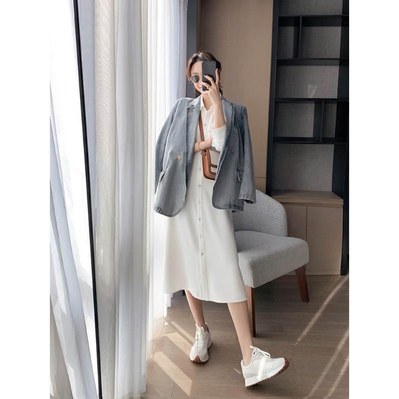 Spring Summer White Shirt Dress Cardigan Niche Waist Waist Was Thin A-line Long Skirt Women