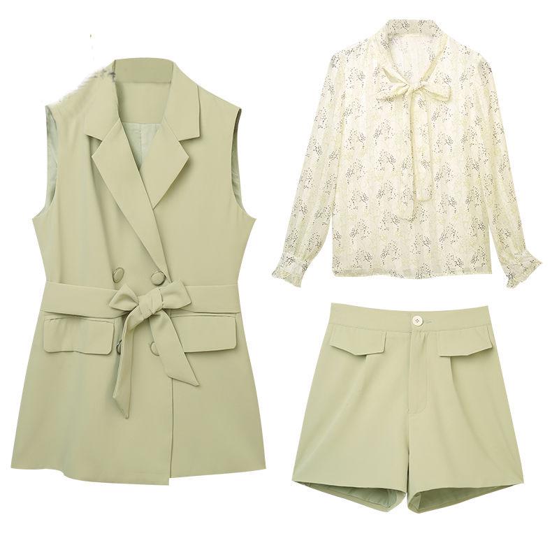 Shorts Set Women Summer Vest Coat Lace Blouse Shorts 3-piece Set Pluz Size Outfits