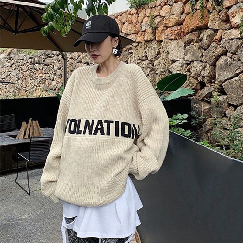 Autumn Winter  Women Fashion Sweater Casual Knitting Sweater Letters Jacquard Round Neck Pullovers Loose  Long Sleeve Sweater