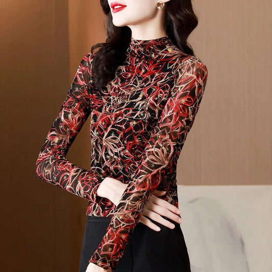 Thin Print Slim Half Turtleneck Letter Top T-shirt Bottoming Shirt Women's Spring and Autumn T-shirt