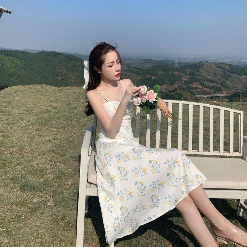 Women's Summer French Elegant Little Fresh Fairy Gentle Long Print Suspender Dress
