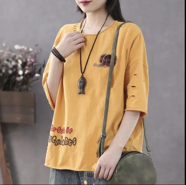 Large Size Short Sleeve Shirt Boutique Thin T-shirt Women Cotton Shirt Elephant Print Casual Pullover