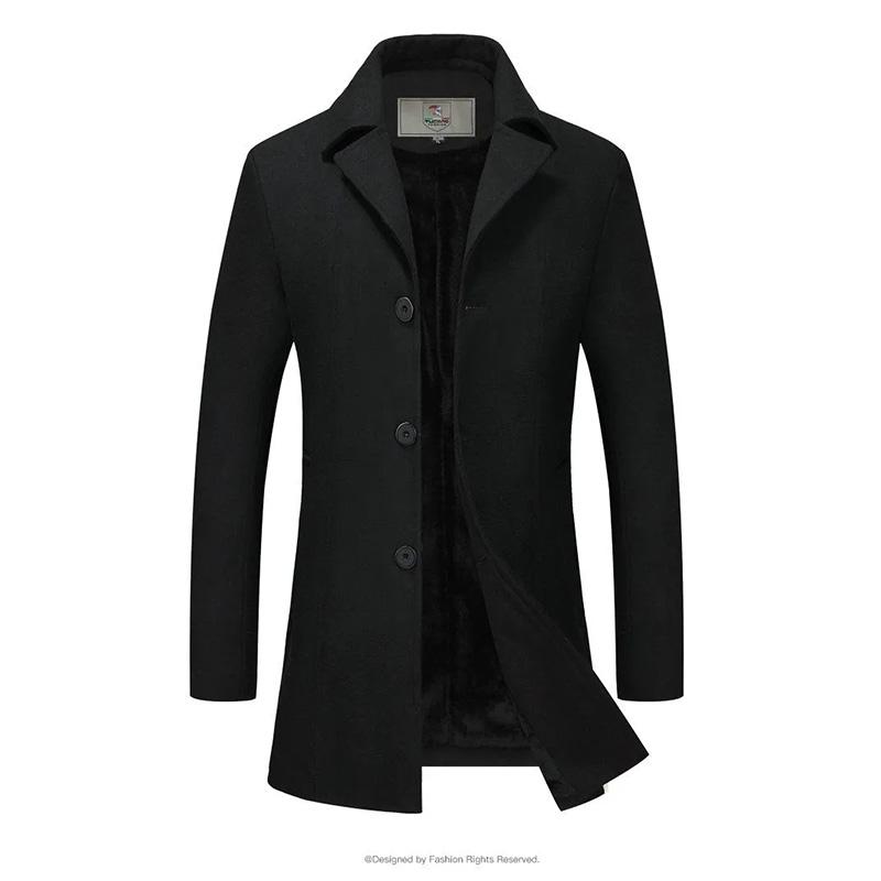 Men's Autumn and Winter Thick Woolen Coat Mid-length Slim Business Coat Winter Single-breasted Wool Trench Coat Solid Casual Suit Collar Warm Outfit