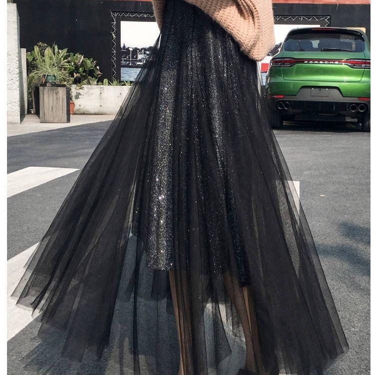 Fashion Women Skirts Tulle 2020 Spring Summer Korean Fashion Shiny Long Maxi Pleated Skirt Female Black Blue Apricot Skirt