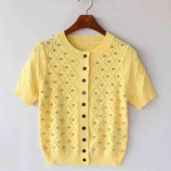 Spring and Summer Diamond Studded Short Sleeve Hollow Out Single Breasted Sweater Solid Color Temperament Slim Fitting Short Top
