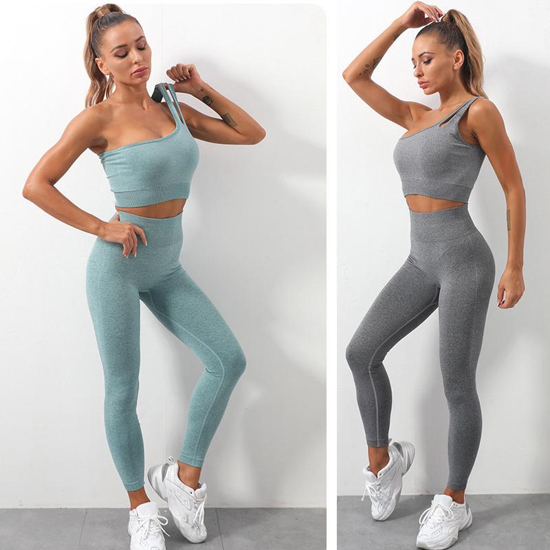 Women's Yoga Wear Sports Suit One Shoulder Vest Sports Bra Tight Pants Solid Color Gym Running Fitness Suit Tracksuit Active Athletic Clothing Sets