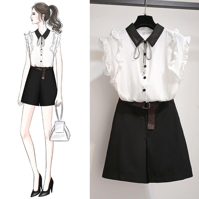 Pofulove Skirt Set Summer Lady Sleeveless  Bowknot Shirt Wide-leg Shorts L Two-piece Set for Work