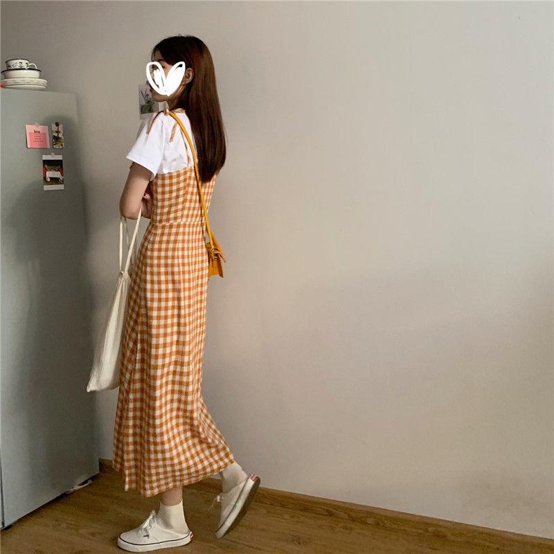 Summer First Love Sling Dress Female Plaid Slit Waist Is Thin and Gentle Style Long Dress