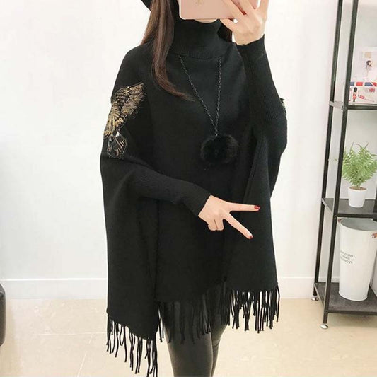 2021 New Autumn and Winter High Neck Tassel Sweater Women Mid-length Korean Loose Large Size Cloak Coat Knitted Bat Shirt
