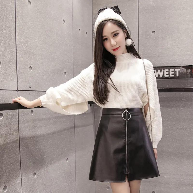 Female Vintage Leather Ring Zipper High Waist A-line Skirt Elegant Slim Short Wrap Hip Club Versatile Skirt