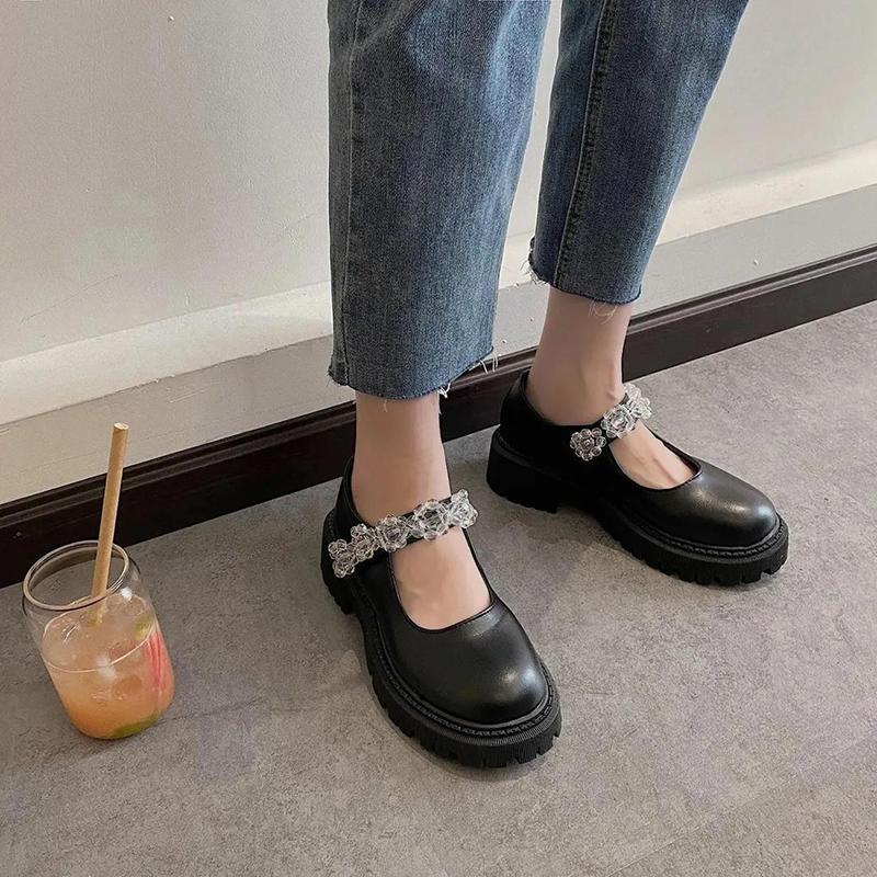 Leather Shoes Women British Style Japanese Black Ice Flower Crystal Thick Bottom Mary Jane Shoes Doll Single Shoes Women's Loafers