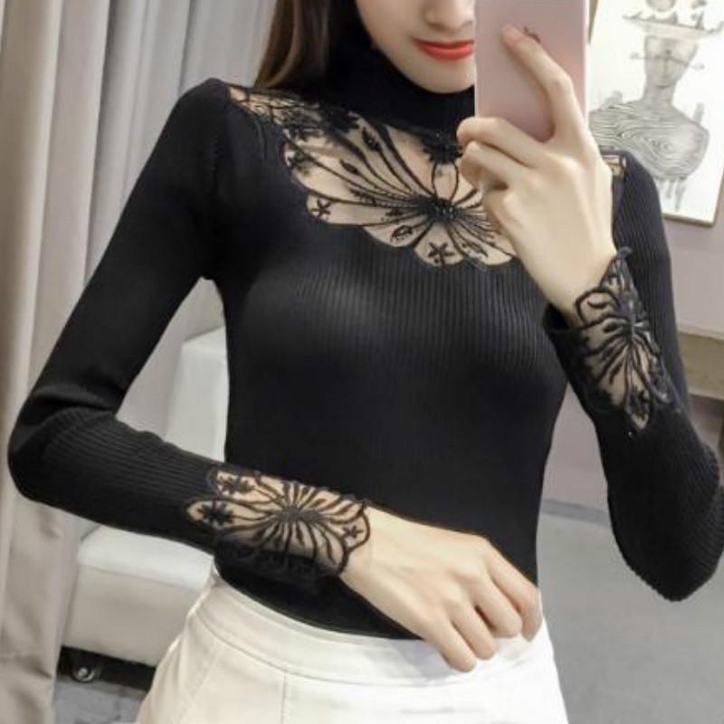 Pofulove Black Lace Sweater Women's Pullover Sweater Stretch Net Yarn Slim Was Thin Bottoming
