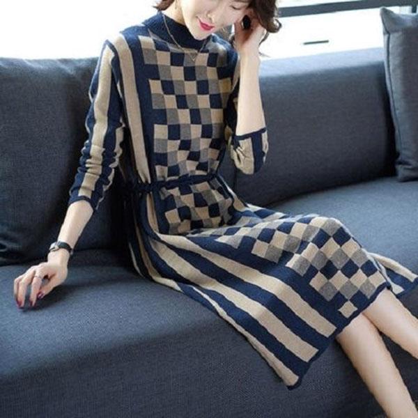 Autumn Winter Plaid Knitted Dress Women's Long  Bottoming Sweater Dress Slim High Neck Pullover Sweater with Sashes