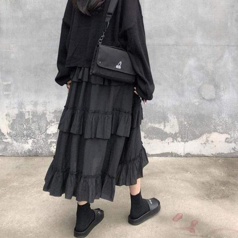 Gothic Skirt Grunge Lolita Ruched Ruffles Aesthetic Skirt Avant Garde Skirt Evening High Fashion Skirt Romantic Skirt Women Black Maxi Skirt