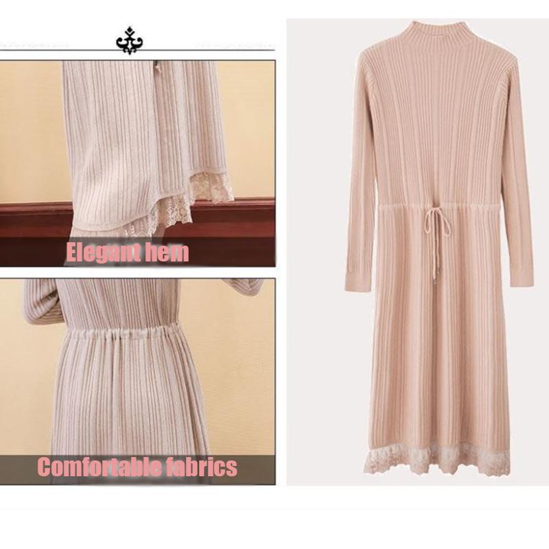 Long Sweater Dress Over The Knee Thickening New Women's Half High Neck Lace Stitching Lace Knitted Dress