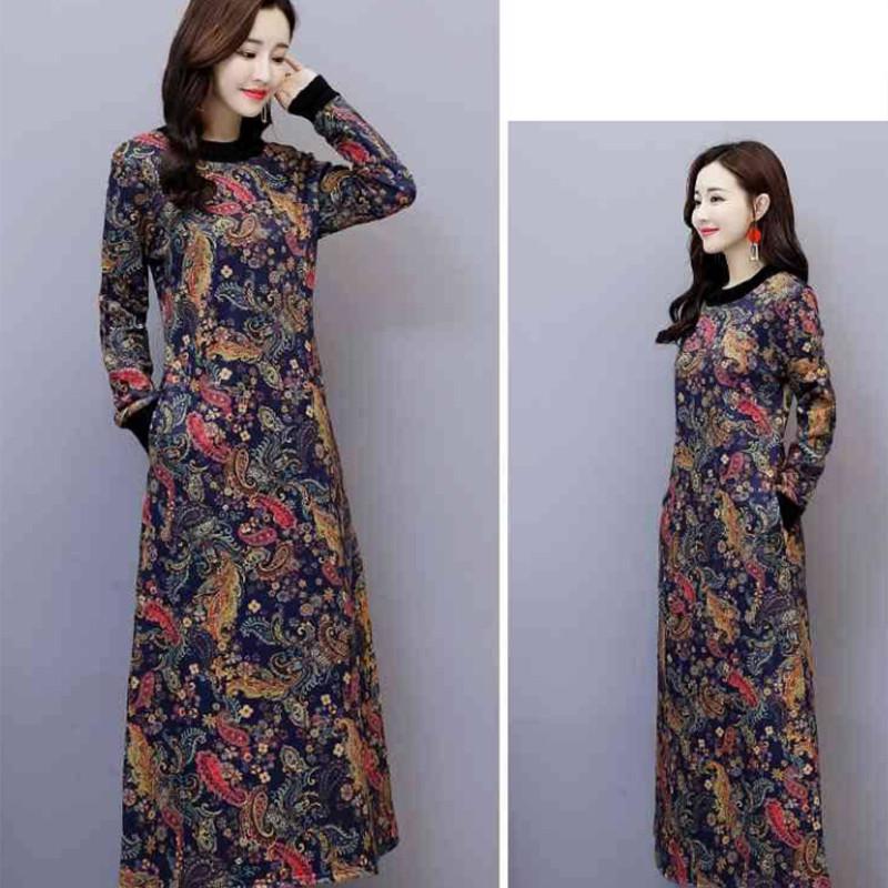 Pofulove Retro Plus Velvet Dress Female Turtleneck Over Knee Long Skirt Plus Size Cover Belly Fat