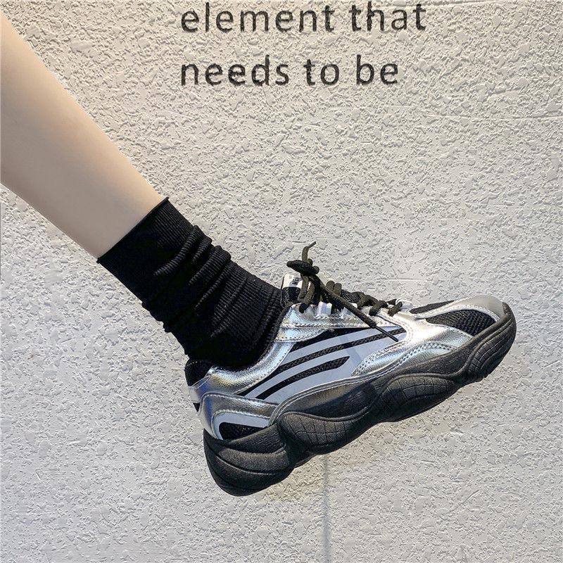 2020 Women Chunky Sneakers Designers Ulzzang Silver Lace Up Casual Vulcanized Shoes Sports Footwear