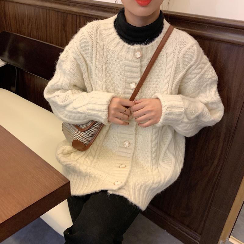Autumn and Winter Women's Outer Wear Warm Sweater Casual Loose Thickening Retro All-match Twisted Korean Twist Knitted Cardigan