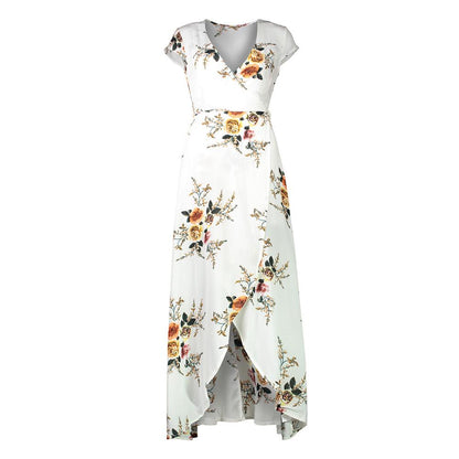 Women Sexy V-neck Printed Chiffon Sexy Split Beach Beach Holiday Casual Dress