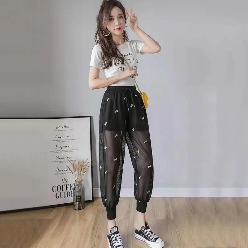 Net Yarn Loose Foot Mosquito Pants Women's Summer Casual Pants Thin Ice Silk Bloomers Embroidered Nine-point Sun Protection Pants