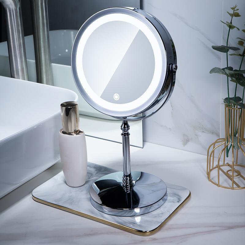 Double-sided Makeup Mirror Desktop Led with Light HD Fill Light Touch Screen USB Charging Bright Silver Plated