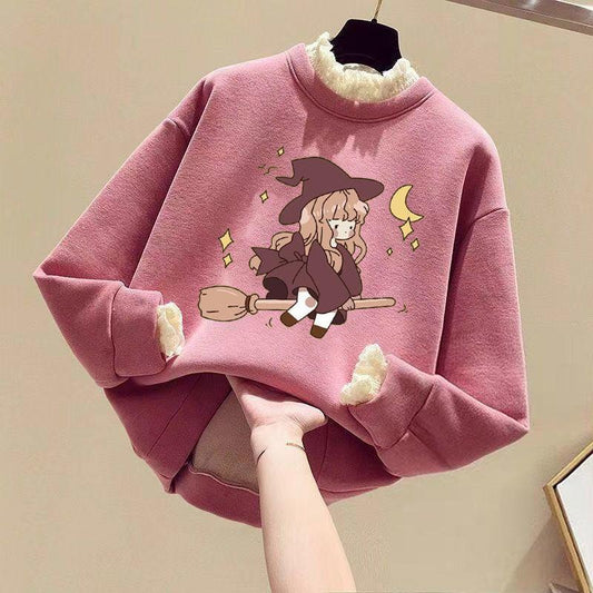 Fleece Padded Girl's Sweater Korean Style Long-sleeved Children's Top Autumn and Winter Clothes