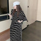 Ladies Long Dress with Belt Stripe Round Neck Slim Base Short Sleeve Loose and Casual Dress