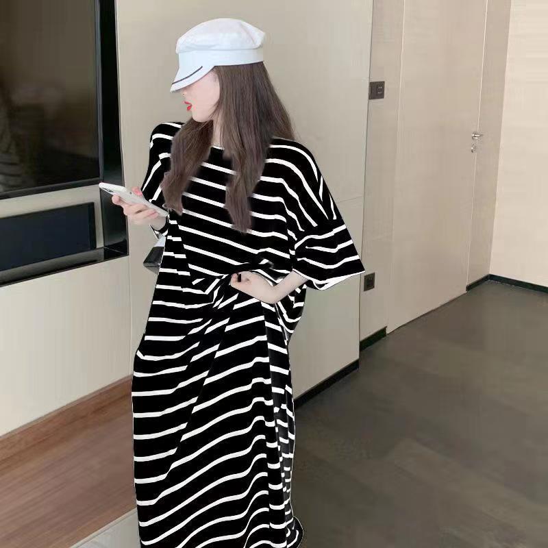 Ladies Long Dress with Belt Stripe Round Neck Slim Base Short Sleeve Loose and Casual Dress