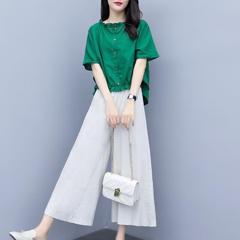 Cotton and Linen Large Size Loose Round Neck Short-sleeved Shirt Casual Wide-leg Pants Two-piece Fabric Lightweight Breathable Large Size Ladies Suit