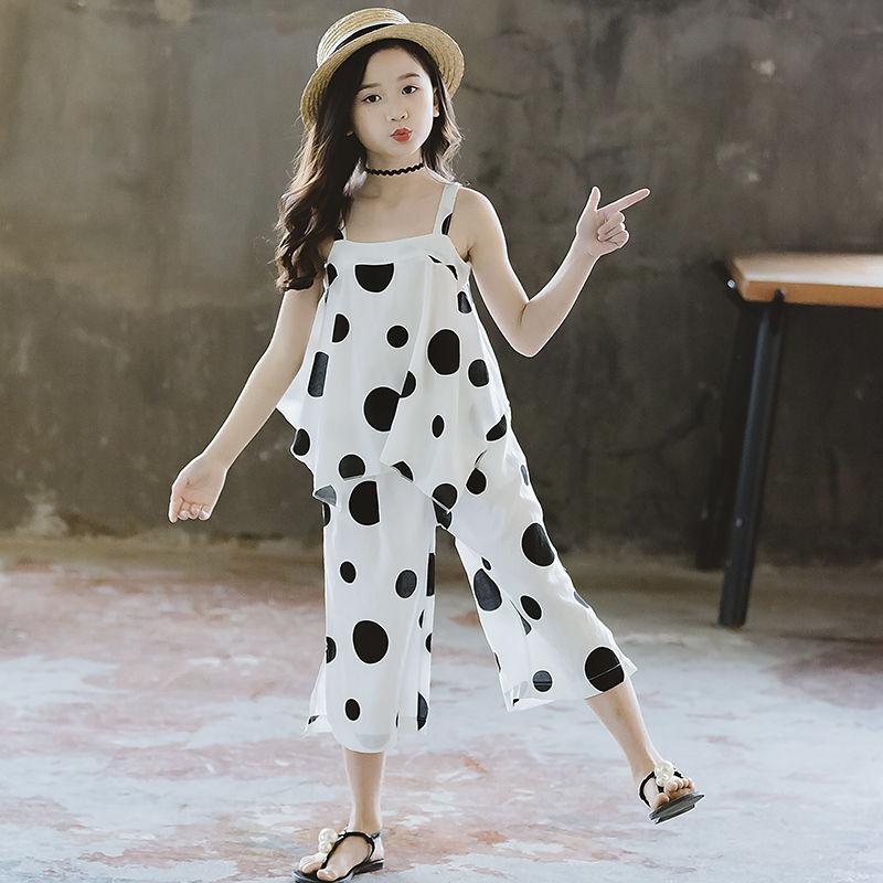 Girls' Summer Suits Big Children Western Style Korean Children's Summer Net Red Fashionable Chiffon Two-piece Suit