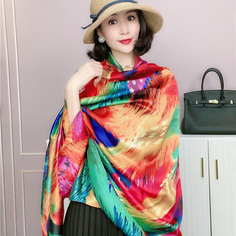 All-match Scarf Feather Multicolored Printing Silky Soft and Graceful Long Scarf Shawl Female Beach Cover Towel Big Scarf