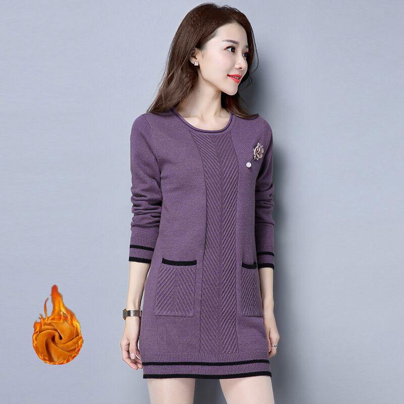 Autumn and Winter Core Yarn Plus Velvet Sweater Loose Korean Knit Sweater Half Turtleneck Neck Mid-length Sweater Skirt