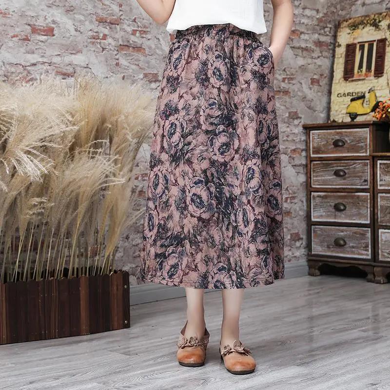 Women Summer Large Size Printed Lantern Skirt In Spring and Summer Loose High Waist A-line Vintage Elastic Casual Long Skirt