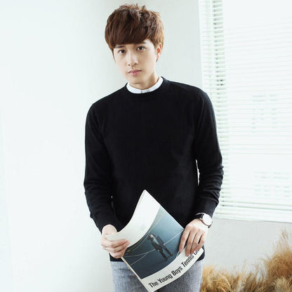 Men's Sweater Round Neck Padded Sweater Autumn and Winter Loose Large Size Bottoming Shirt Solid Color Sweater