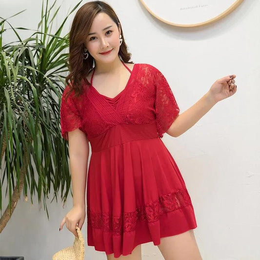 Plus Size Swimsuit Women's Solid Color Lace V-neck Tie Pleated Swimwear with Chest Pad Sexy Backless Beachwear Belly Cover Skirt Separate Swimsuit