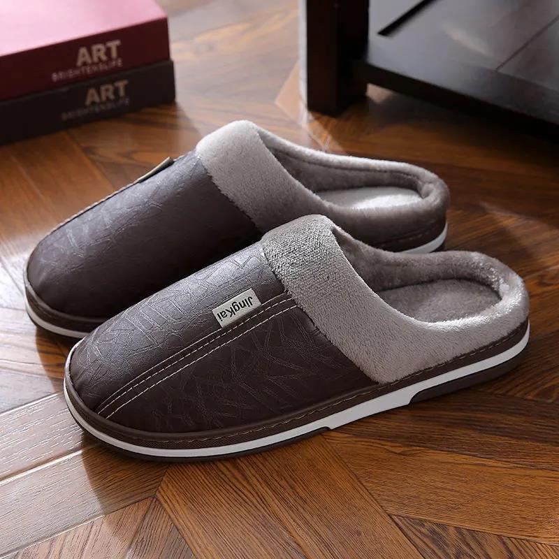 Women Unisex Winter Home Slippers Leather Waterproof Non Slip Slippers Plush Warm Indoor Flat Non-slip Slippers