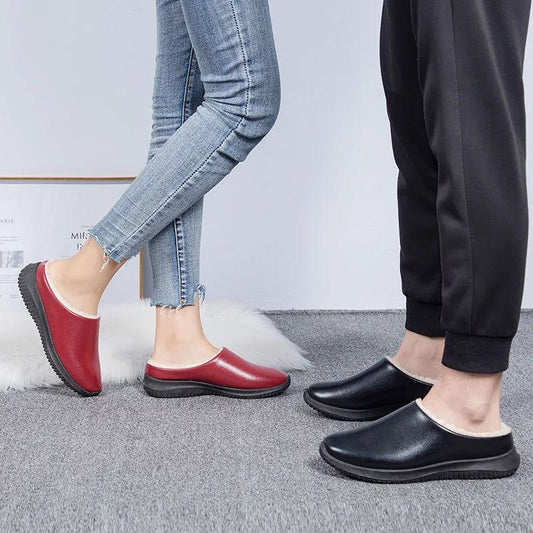 Women Unisex Winter Home Slippers Leather Waterproof Non Slip Slippers Plush Warm Indoor