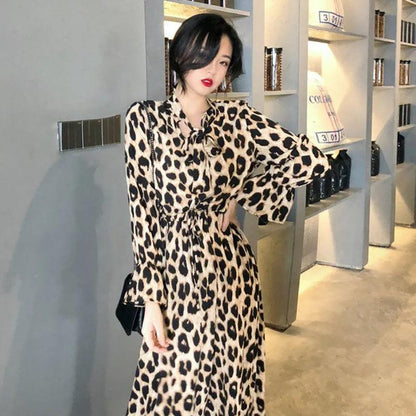 Women's Summer Leopard Print Mid-length Dress Lapel Long-sleeved Lace-up Ruffled Bohemian Beach Long Shirt