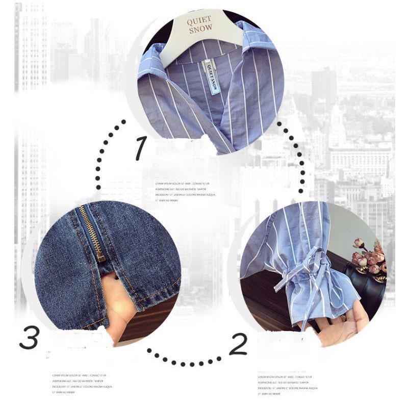 Pofulove 2 Piece Skirt Set Women Summer Half Sleeve Striped Shirt Denim Skirt Two Piece Set for Work