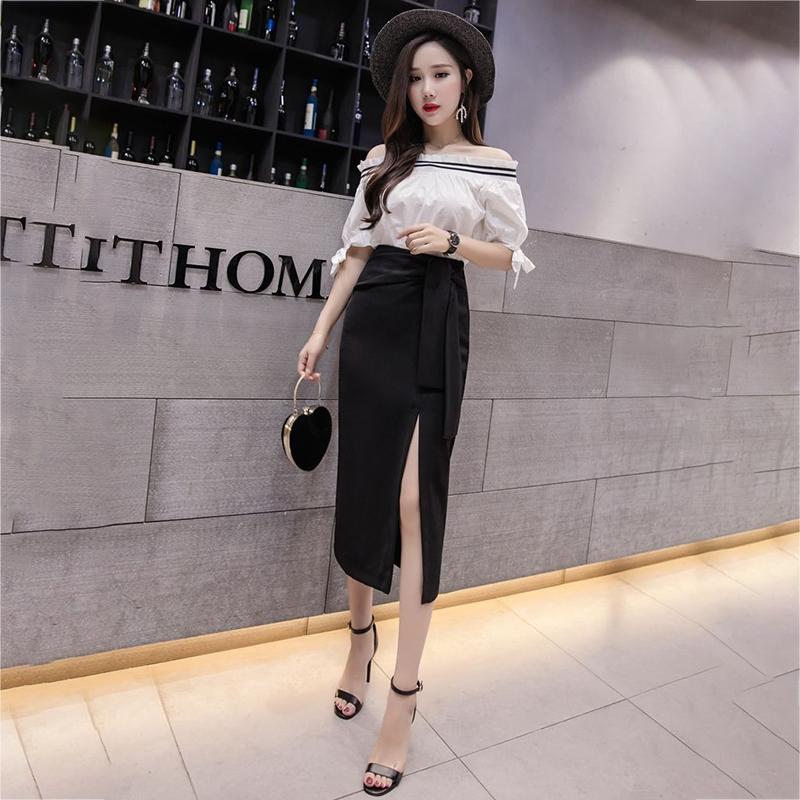 Women Sexy Irregular Bow Tight High WaistHip Skirt Mid-calf Split Zipper Club Casual Home Office