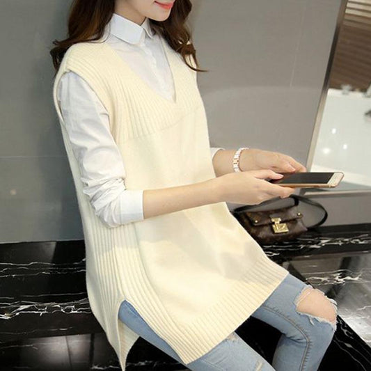 Autumn and Winter Solid Color V-neck Sweater Slim Fit Plus Size Jacket Mid-length Vest Women