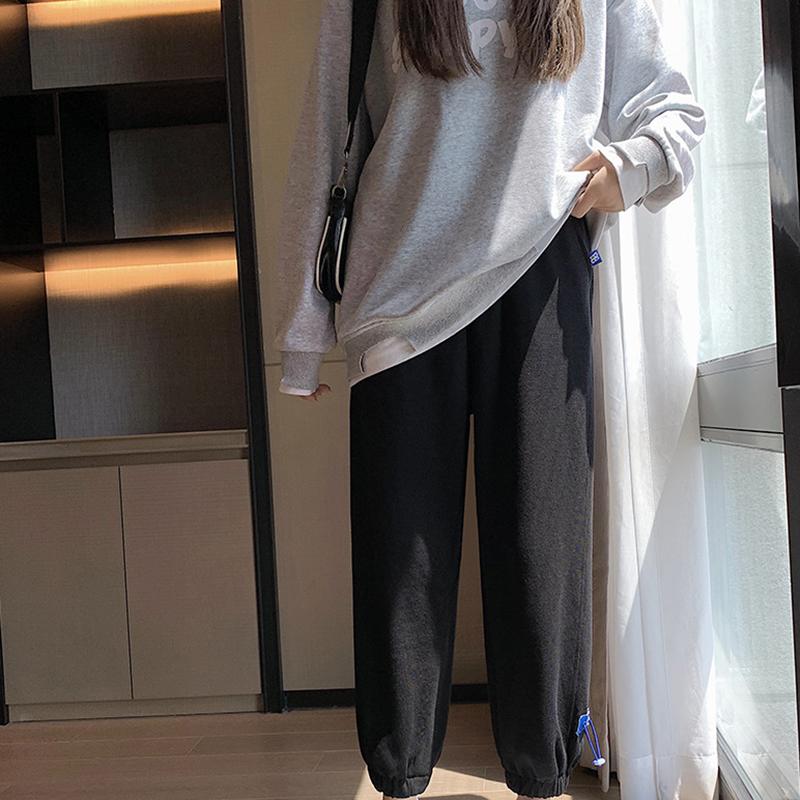 Solid Color Bundle Feet Thin Sports Pants Women's Autumn and Winter Fleece Thickened Pants Loose Casual Warm Sweatpants