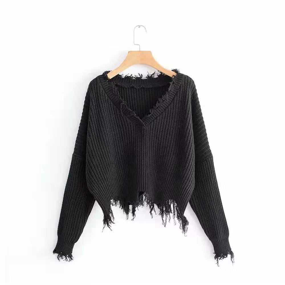 Women Fringed Zigzag Hem V Neck Sweater Drop Shoulder Ripped Pullovers Streetwear Loose Tops