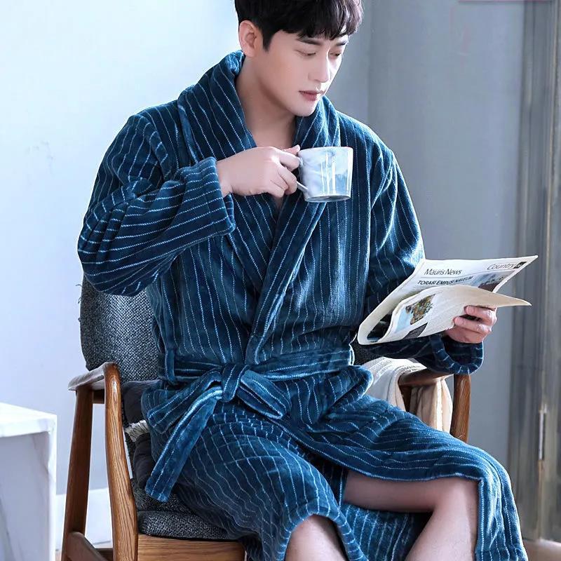 Plus Size Men Cashmere Bathrobe Long Robe Coat Shawl Bathrobe Absorbent and Quick-drying Home Clothes